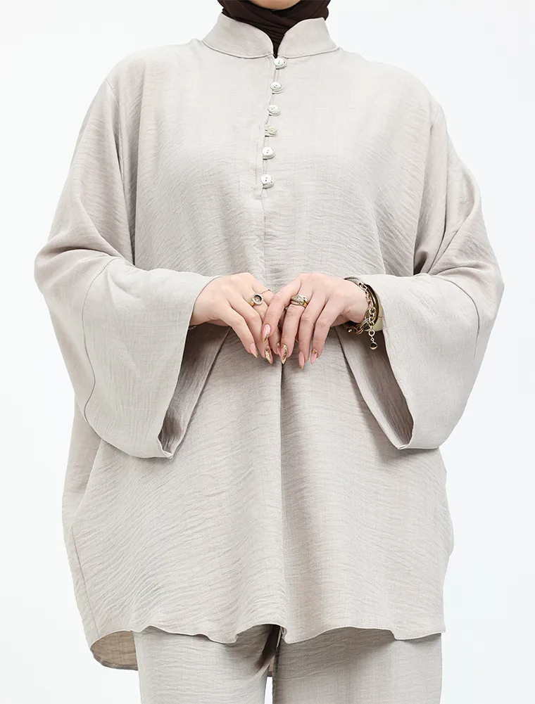 Stone Linen Feel Button Detail Co Ord Set